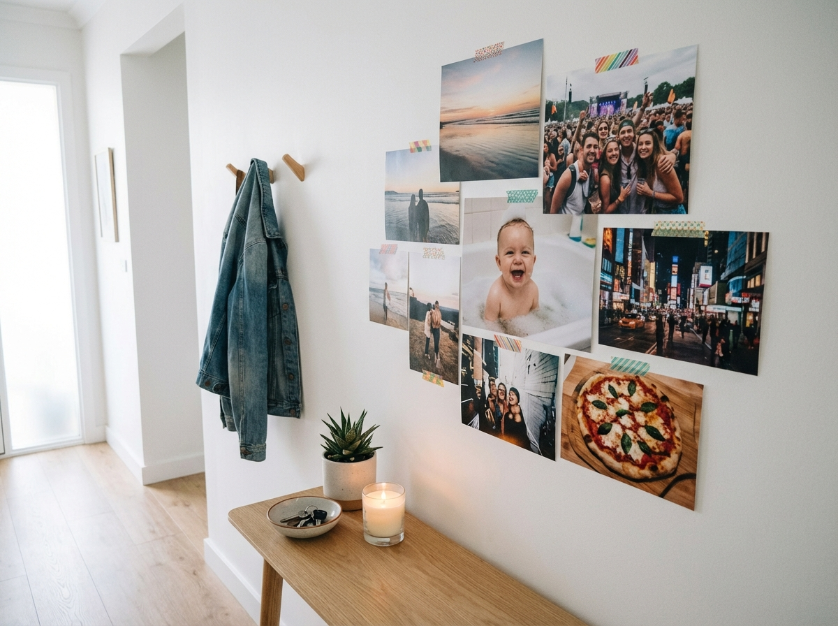 Prints displayed on a wall and fridge