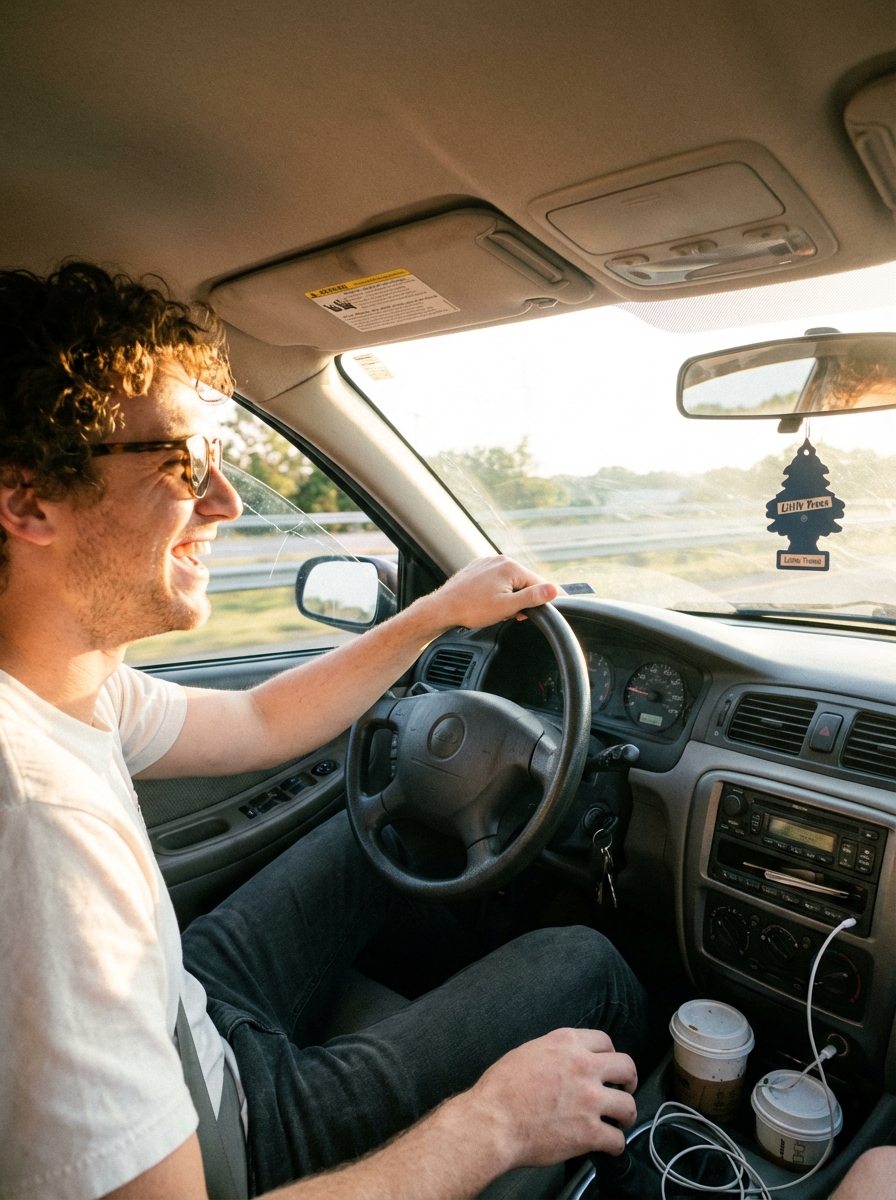 Couple laughing in a car