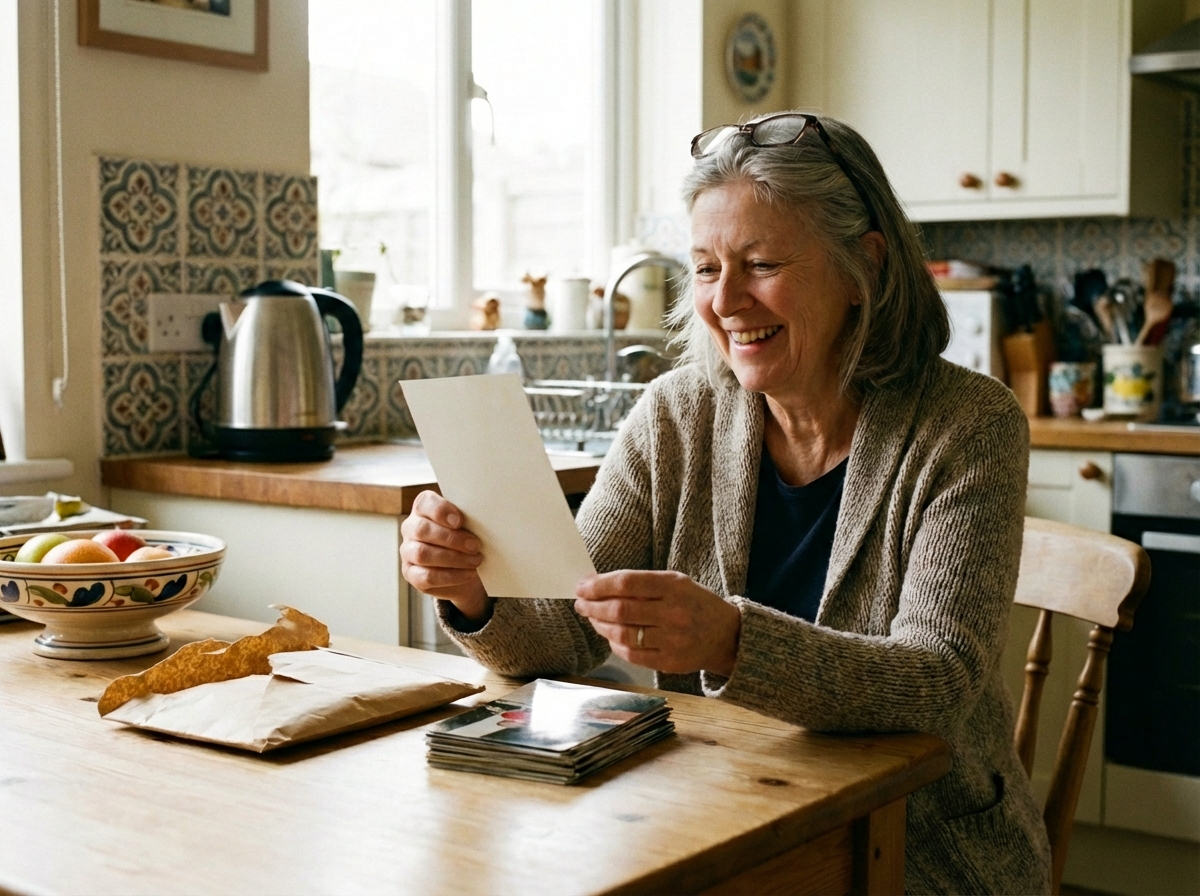 Grandmother opening a pack of photo prints