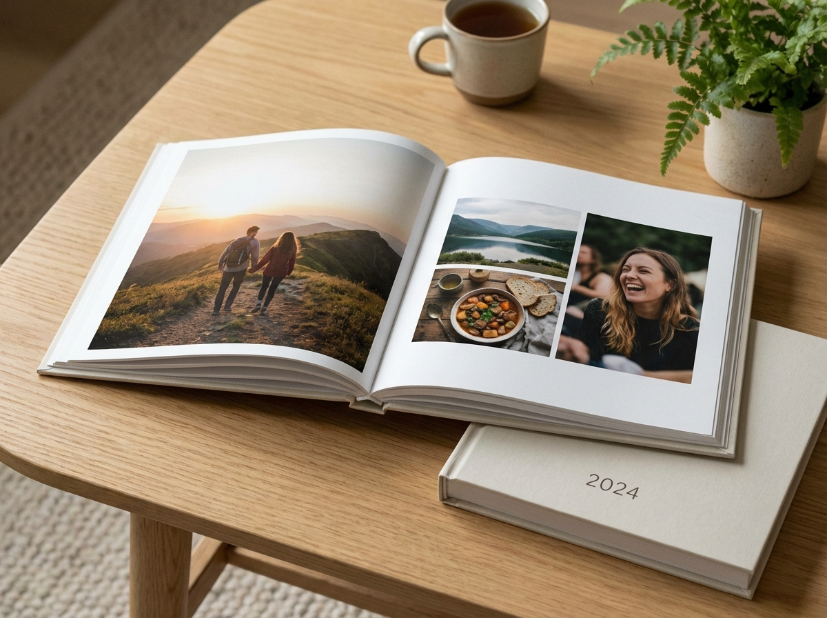 Photo book open on a coffee table