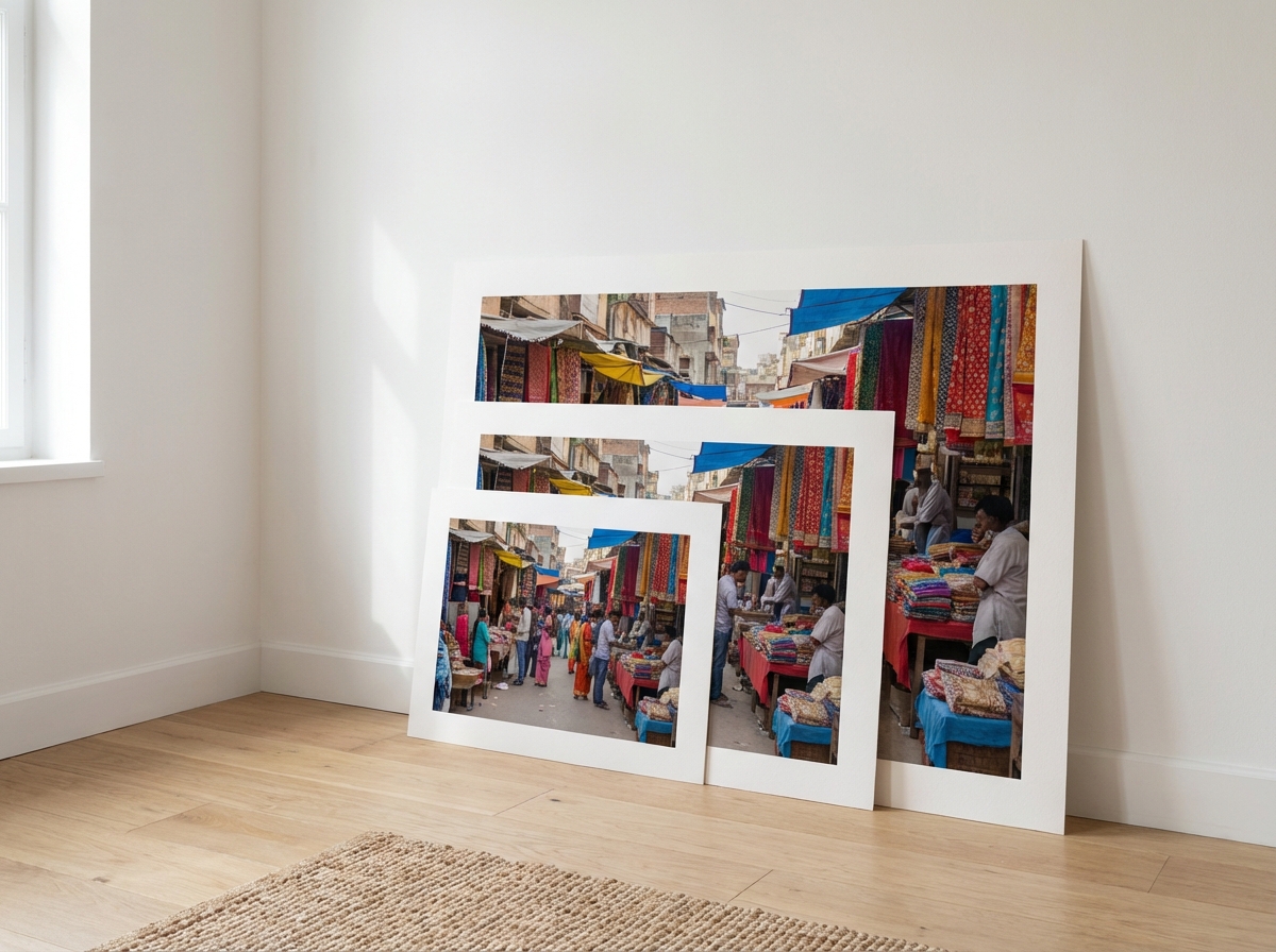 Large format prints leaning against a wall